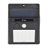 LYYT solar LED outdoor wall light in black polycarbonate with top solar panel, PIR motion sensor, mode switch and 20 SMD LED panel, IP44 rated.