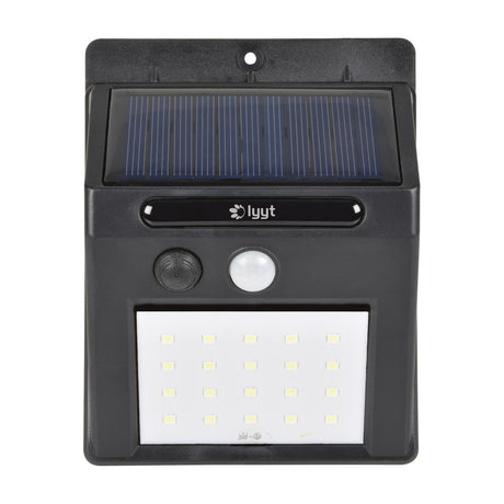 LYYT solar LED outdoor wall light in black polycarbonate with top solar panel, PIR motion sensor, mode switch and 20 SMD LED panel, IP44 rated.