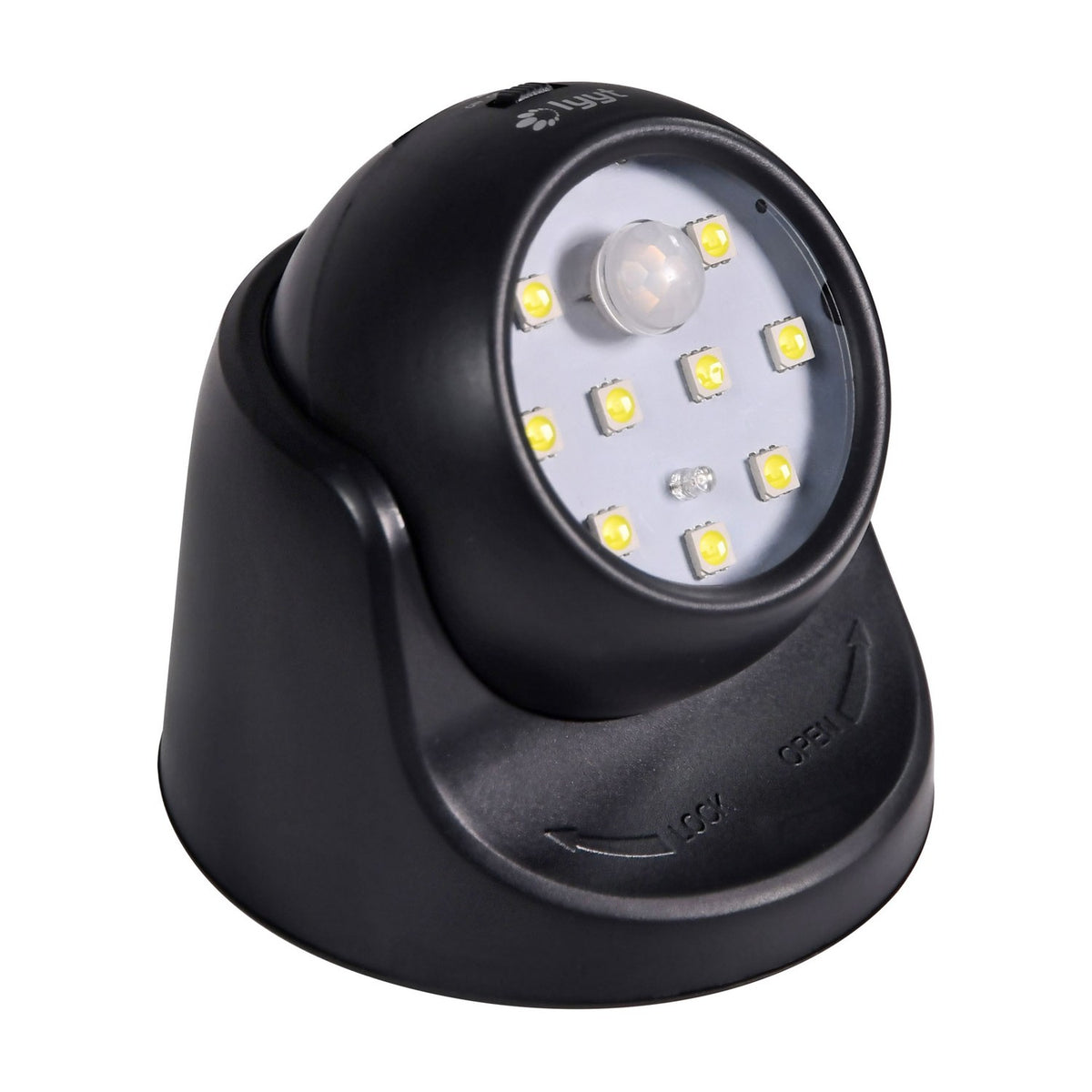 LYYT black ABS motion sensor wall light with nine SMD LEDs and central PIR sensor on a rotating base, shown on a plain white background.