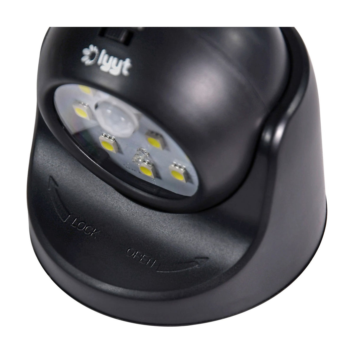 Close-up of the LYYT LED motion sensor wall light in black, showing the rotating head with nine SMD LEDs, central PIR sensor, and lock/open base.