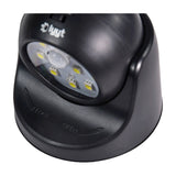 Close-up of the LYYT LED motion sensor wall light in black, showing the rotating head with nine SMD LEDs, central PIR sensor, and lock/open base.
