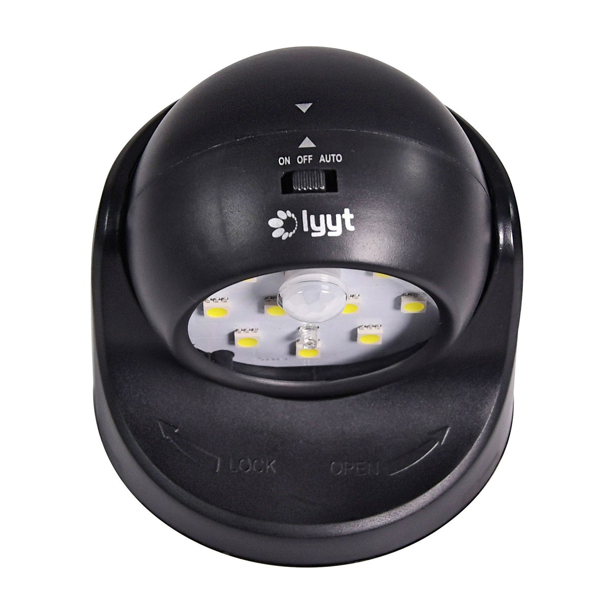 LYYT LED motion sensor wall light in black ABS with rotating dome head, ON/OFF/AUTO switch, and nine SMD LEDs around a central PIR sensor.