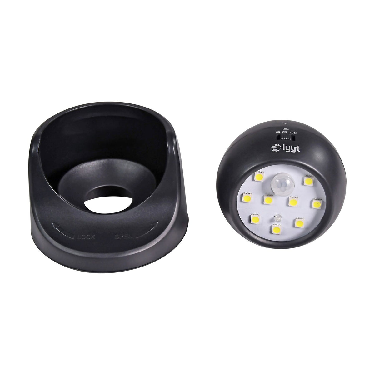 LYYT LED motion sensor wall light in black, shown separated into the rotating dome head with nine SMD LEDs and PIR sensor and the mounting bracket.
