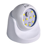 LYYT 9 LED motion sensor wall light in white ABS with rotating head, PIR sensor and on/off/auto switch, shown on a plain white background.
