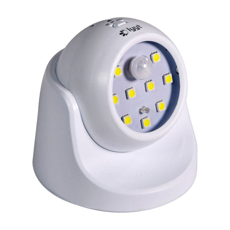 LYYT 9 LED motion sensor wall light in white ABS with rotating head, PIR sensor and on/off/auto switch, shown on a plain white background.