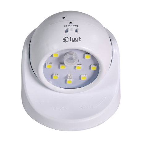 LYYT 9 LED motion sensor wall light in white ABS with rotating dome head, ON/OFF/AUTO slider switch and central PIR sensor surrounded by SMD LEDs.