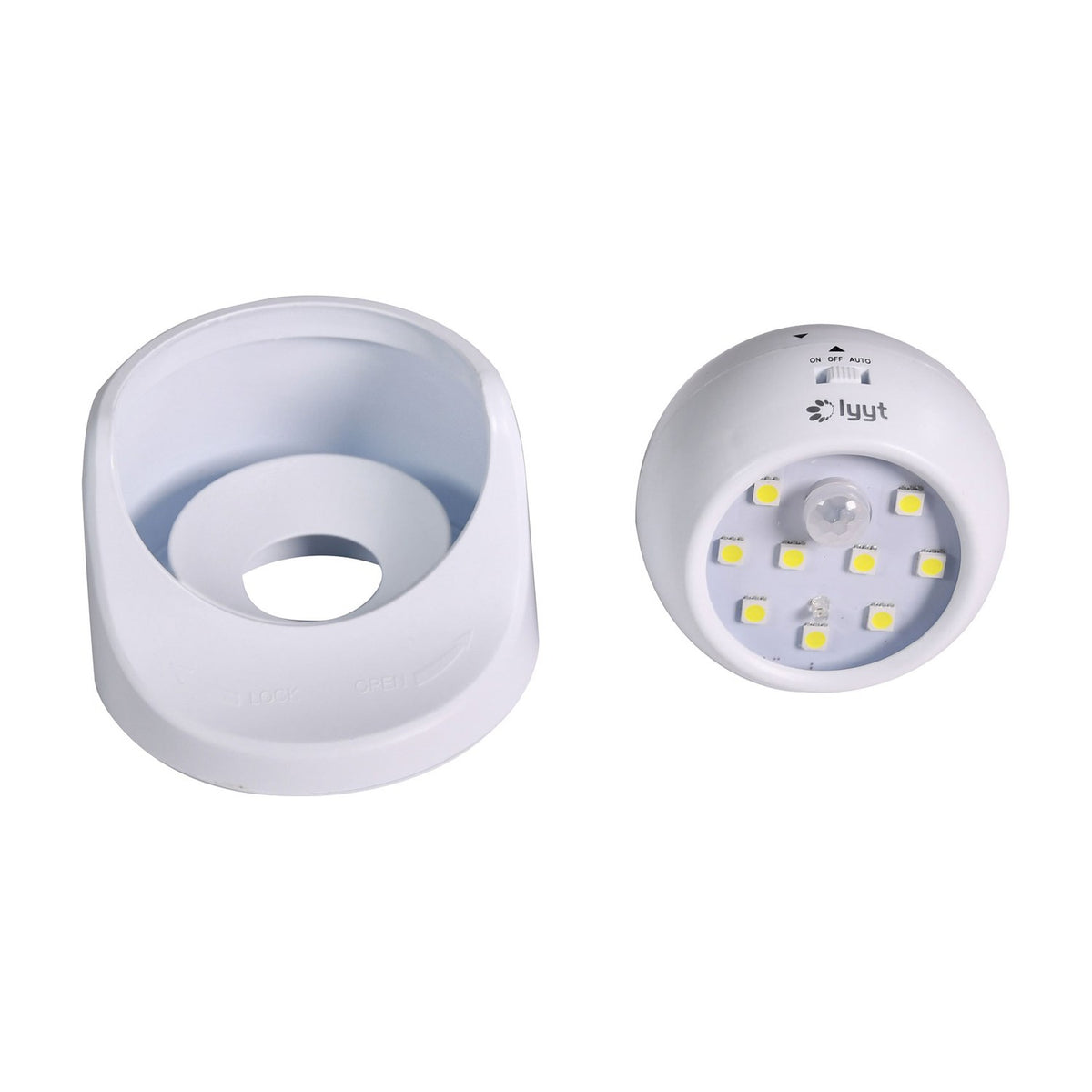 LYYT 9 LED motion sensor wall light shown separated into white ABS bracket base and round sensor head with 9 SMD LEDs and ON/OFF/AUTO switch.
