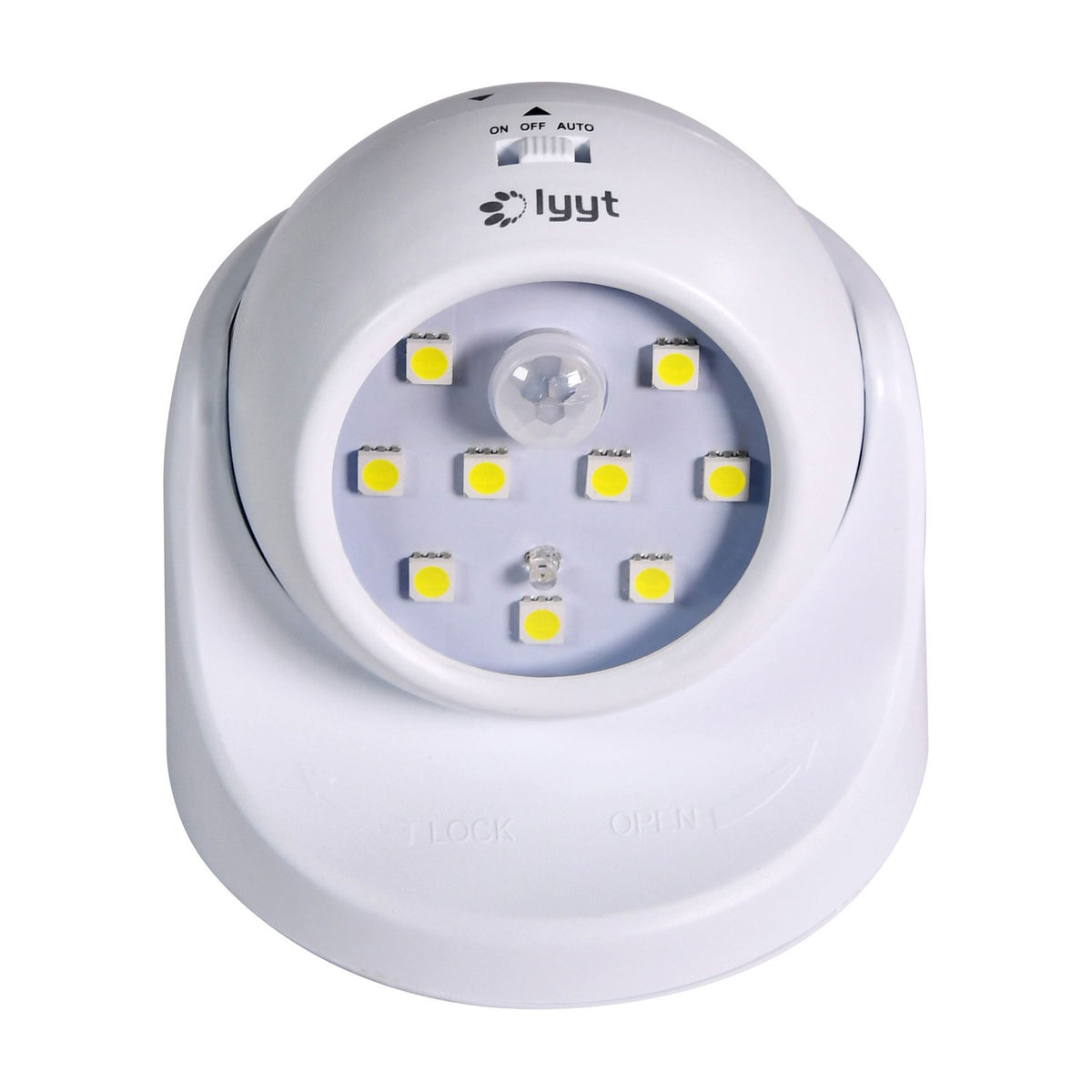 LYYT 9 LED motion sensor wall light in white ABS with rotating head, PIR sensor, on/off/auto switch and nine SMD LEDs, shown on a white background.