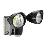 LYYT twin-head LED PIR motion sensor floodlight in black with two rotatable COB LED heads and battery housing, shown on a plain white background.