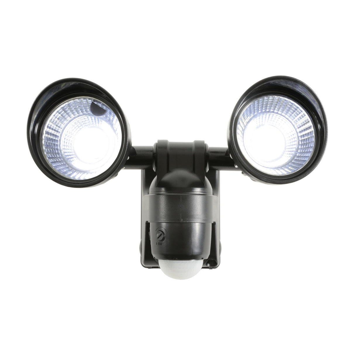 LYYT twin-head LED PIR motion sensor floodlight in black with two illuminated COB heads and central sensor on a white background.