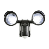 LYYT twin-head LED PIR motion sensor floodlight in black with two illuminated COB heads and central sensor on a white background.