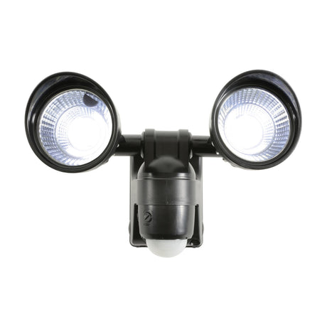 LYYT twin-head LED PIR motion sensor floodlight in black with two illuminated COB heads and central sensor on a white background.