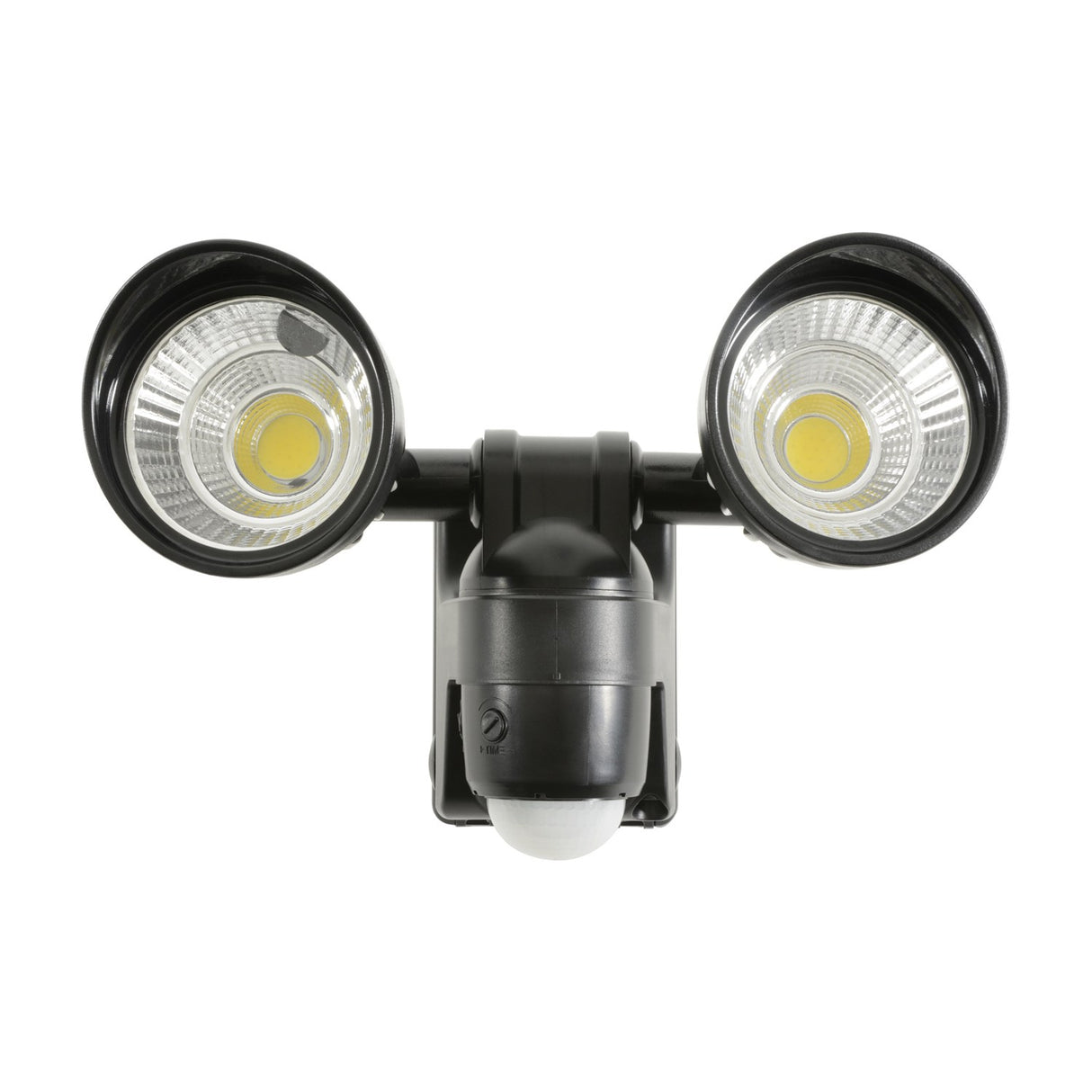 LYYT twin LED PIR floodlight in black with two round COB heads on ball-joint mounts and central motion sensor, shown on a plain white background.