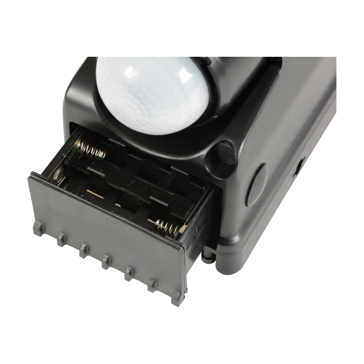 LYYT battery-powered LED PIR floodlight in black ABS with sensor dome and open AA battery compartment revealing spring contacts.