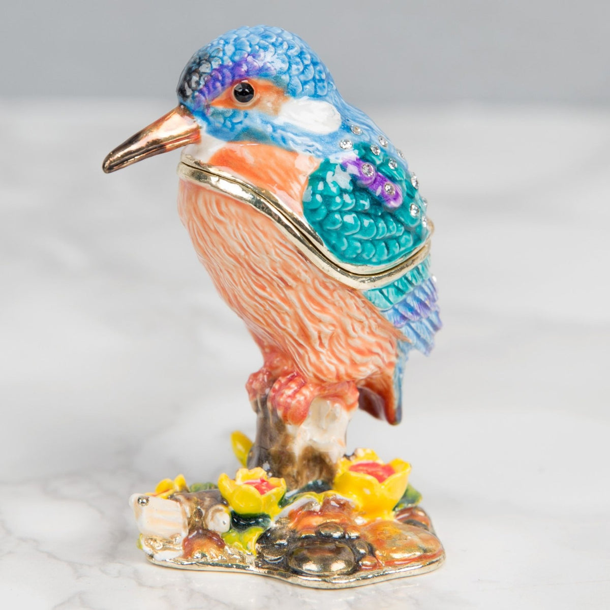 Kingfisher Metal Trinket Box with Yellow Flowers - Blue