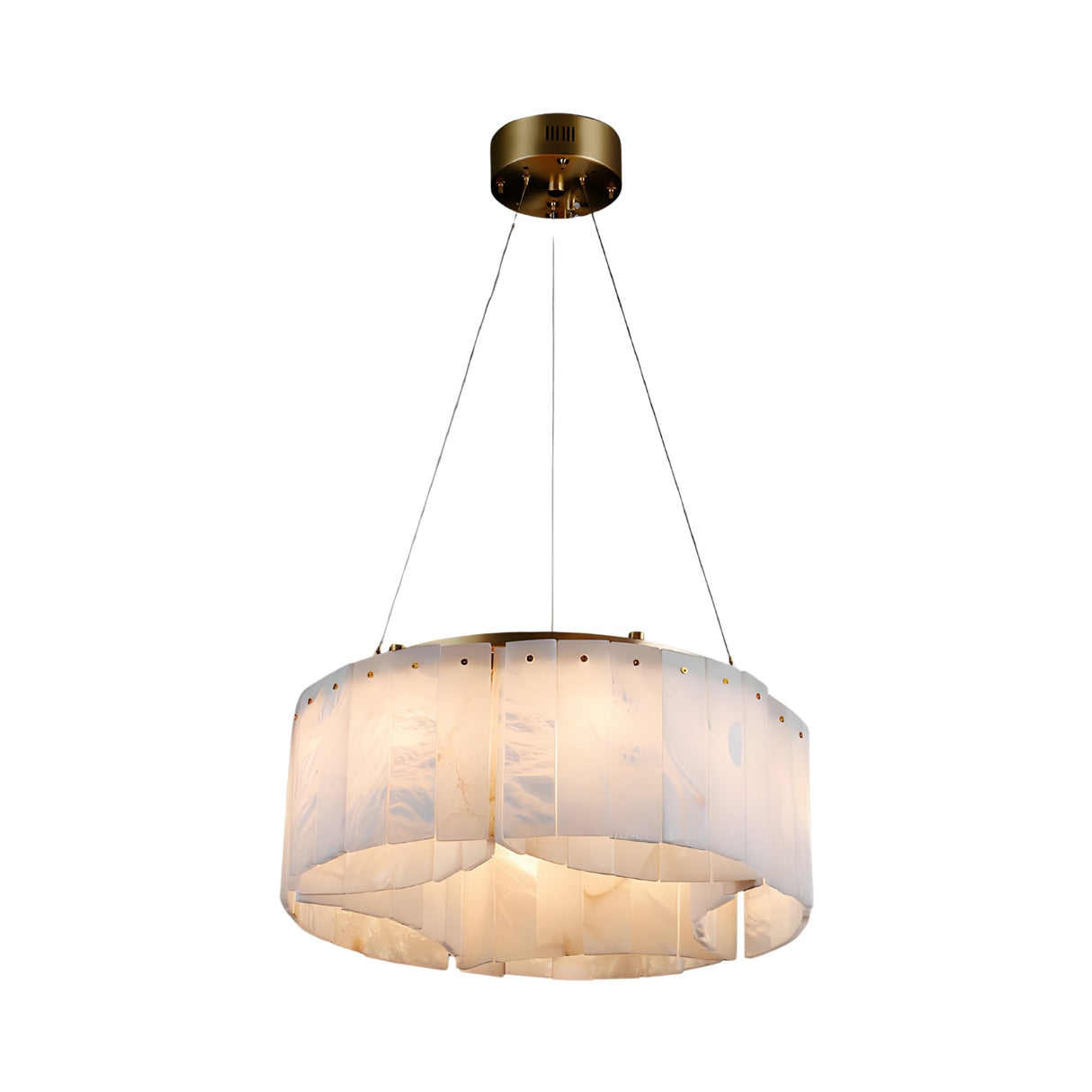 The Caldrisa 10 Light Layer Panel Alabaster Chandelier features a circular, semi-translucent soft white shade and brass fixture, with a layered design that captures the elegance of Spanish alabaster.