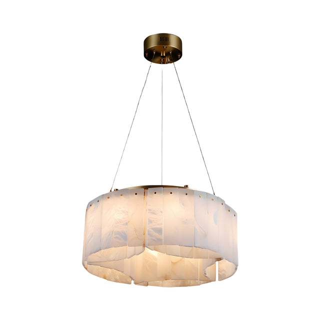 The Caldrisa 10 Light Layer Panel Alabaster Chandelier features a circular, semi-translucent soft white shade and brass fixture, with a layered design that captures the elegance of Spanish alabaster.