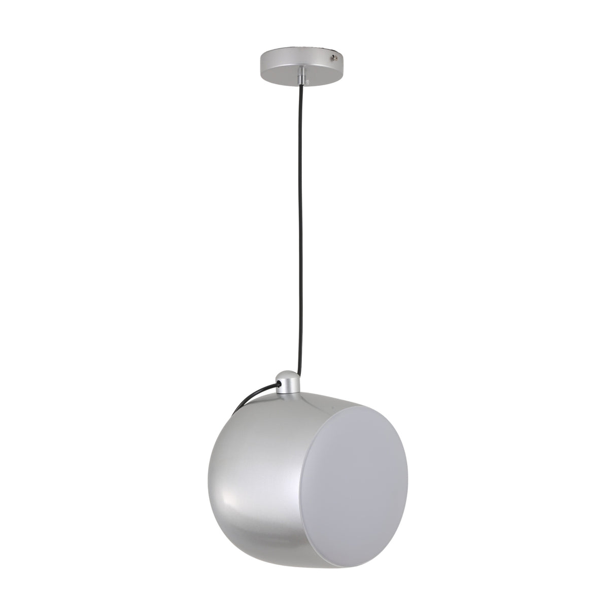 The Mono LED Pendant Light - Grey features a round, metallic silver shade with a black cord and circular ceiling mount. Its sleek, industrial design makes it ideal for modern kitchen lighting.