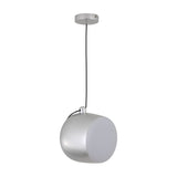 The Mono LED Pendant Light - Grey features a round, metallic silver shade with a black cord and circular ceiling mount. Its sleek, industrial design makes it ideal for modern kitchen lighting.