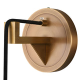 A close-up of the Elystria LED Vertical Stone Alabaster Wall Light in Soft White & Brass, showcasing its brushed brass finish, circular backplate, geometric arm with black cord, and minimalist design with clean lines.