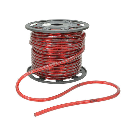 LYYT 45m red LED rope light by AVSL, coiled on a black plastic reel with a loose end trailing, shown on a plain white background.
