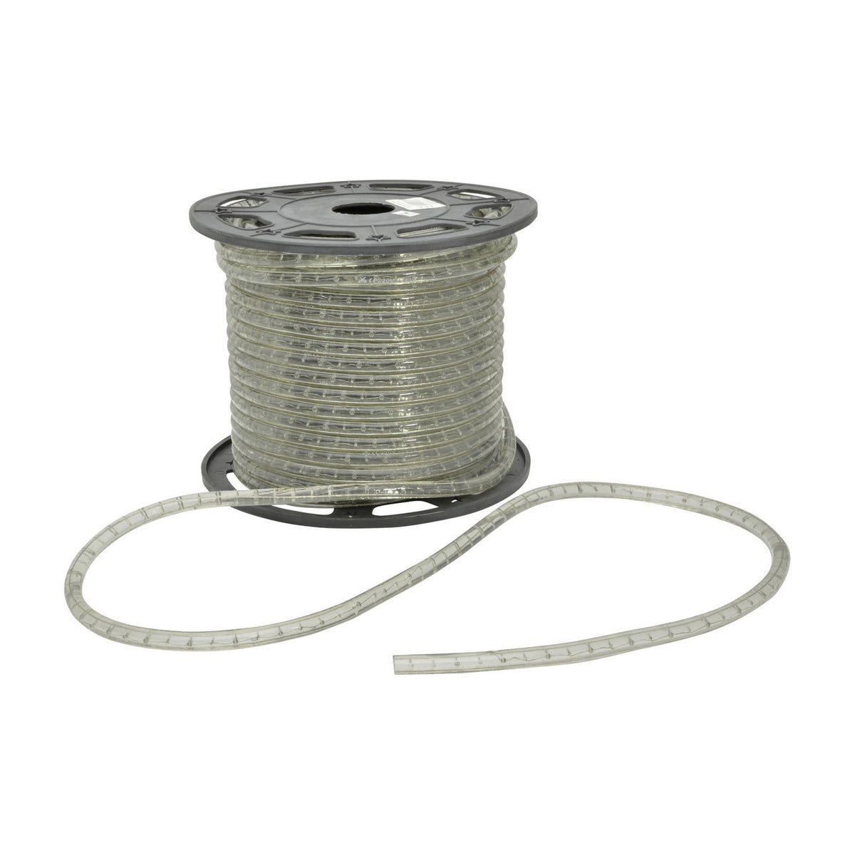 LYYT 230V IP44 LED Rope Light on a 45m black plastic reel with clear flexible tubing unspooled at the base, shown on a white background.