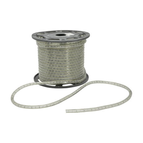 LYYT 230V IP44 LED Rope Light on a 45m black plastic reel with clear flexible tubing unspooled at the base, shown on a white background.