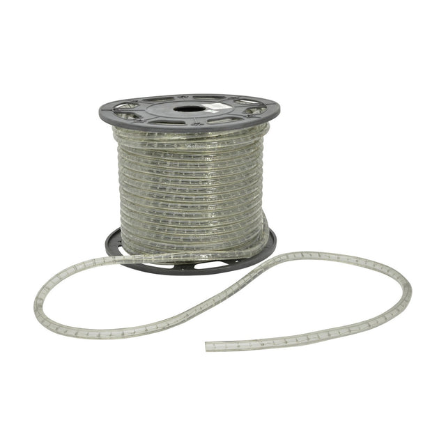 LYYT 230V IP44 LED Rope Light on a 45m black plastic reel with clear flexible tubing unspooled at the base, shown on a white background.
