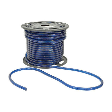 LYYT 45m blue LED rope light on a black plastic reel with a loose length of 13mm flexible tubing coiled in front, on a plain white background.