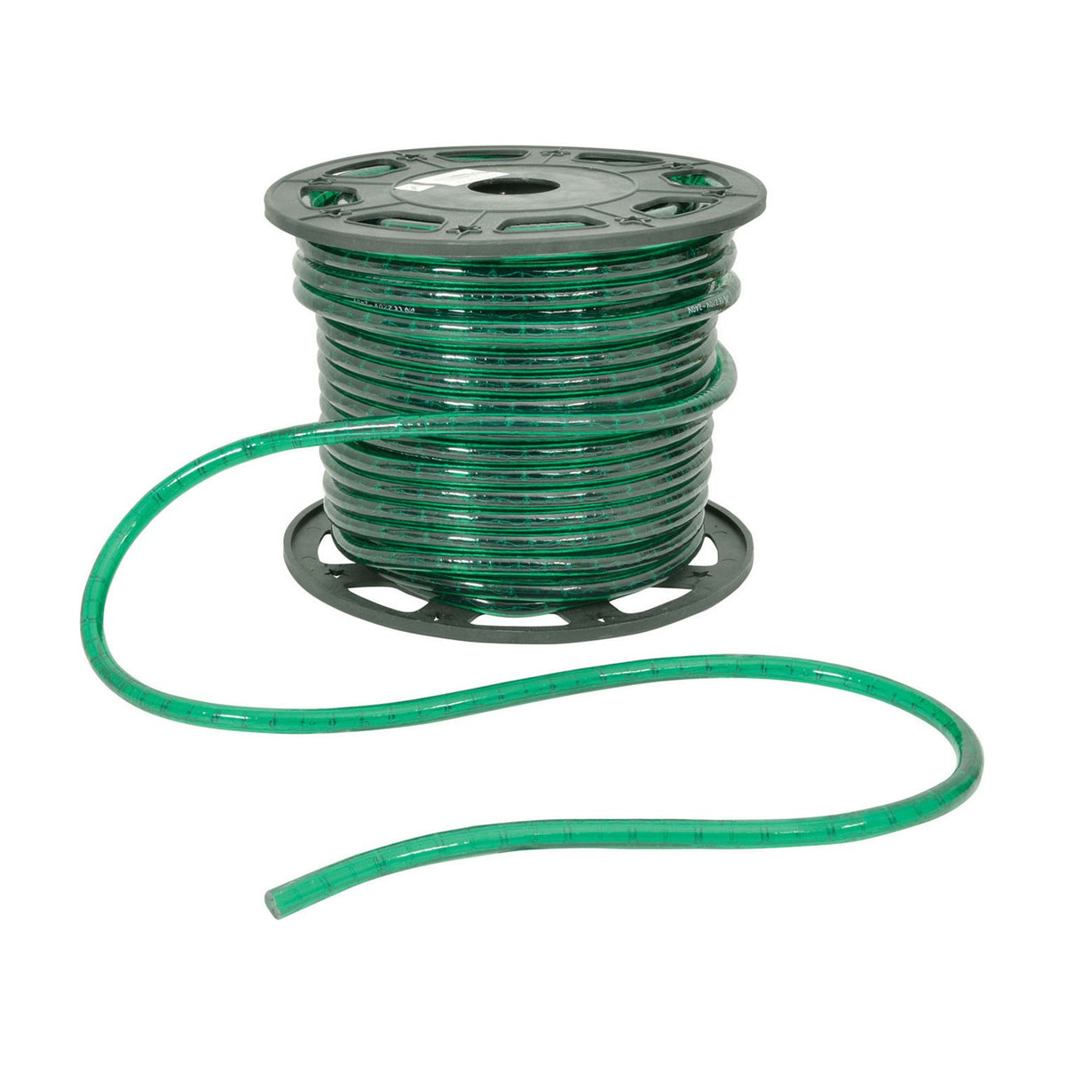 LYYT 45m green LED rope light wound on a black plastic reel with a loose end trailing across a plain white background.