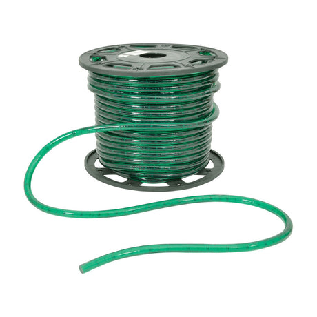 LYYT 45m green LED rope light wound on a black plastic reel with a loose end trailing across a plain white background.