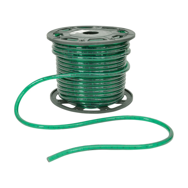LYYT 45m green LED rope light wound on a black plastic reel with a loose end trailing across a plain white background.