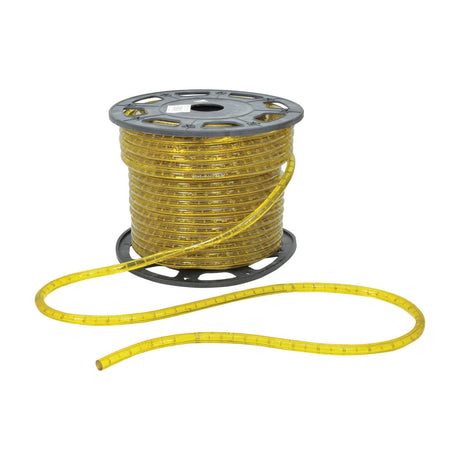 LYYT 230V IP44 LED rope light on a 45m black reel with yellow flexible tubing unspooled across a plain white background.