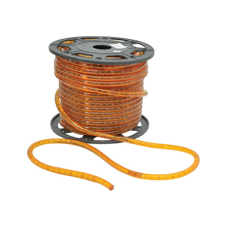 LYYT 230V IP44 LED rope light in orange, 45m reel wound on a grey plastic spool with a loose end trailing, on a plain white background.