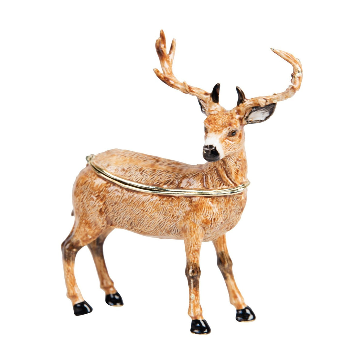 Hand Painted Stag Metal Trinket Box with Hinged Lid - Brown
