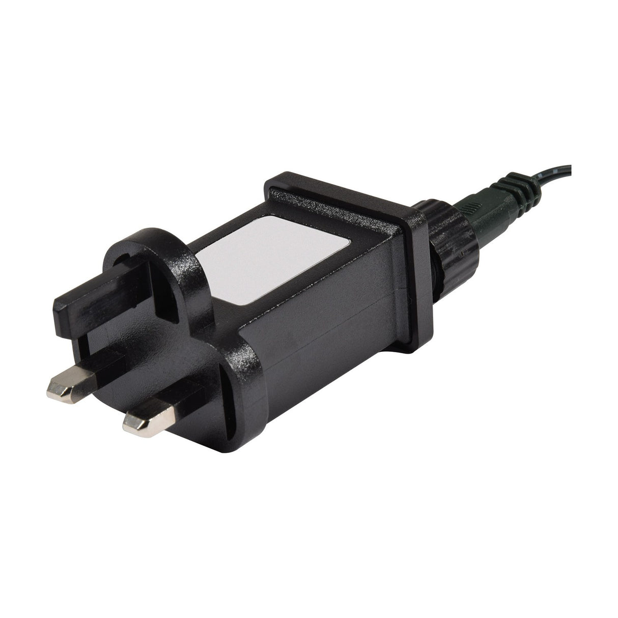 LYYT outdoor string lights UK plug transformer with inline controller and dark green cable, shown on a plain white background.