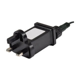 LYYT outdoor string lights UK plug transformer with inline controller and dark green cable, shown on a plain white background.