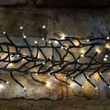 LYYT 960 LED outdoor string lights by AVSL draped against a rustic stone wall, showing clustered warm and cool white LEDs on dark green cable.
