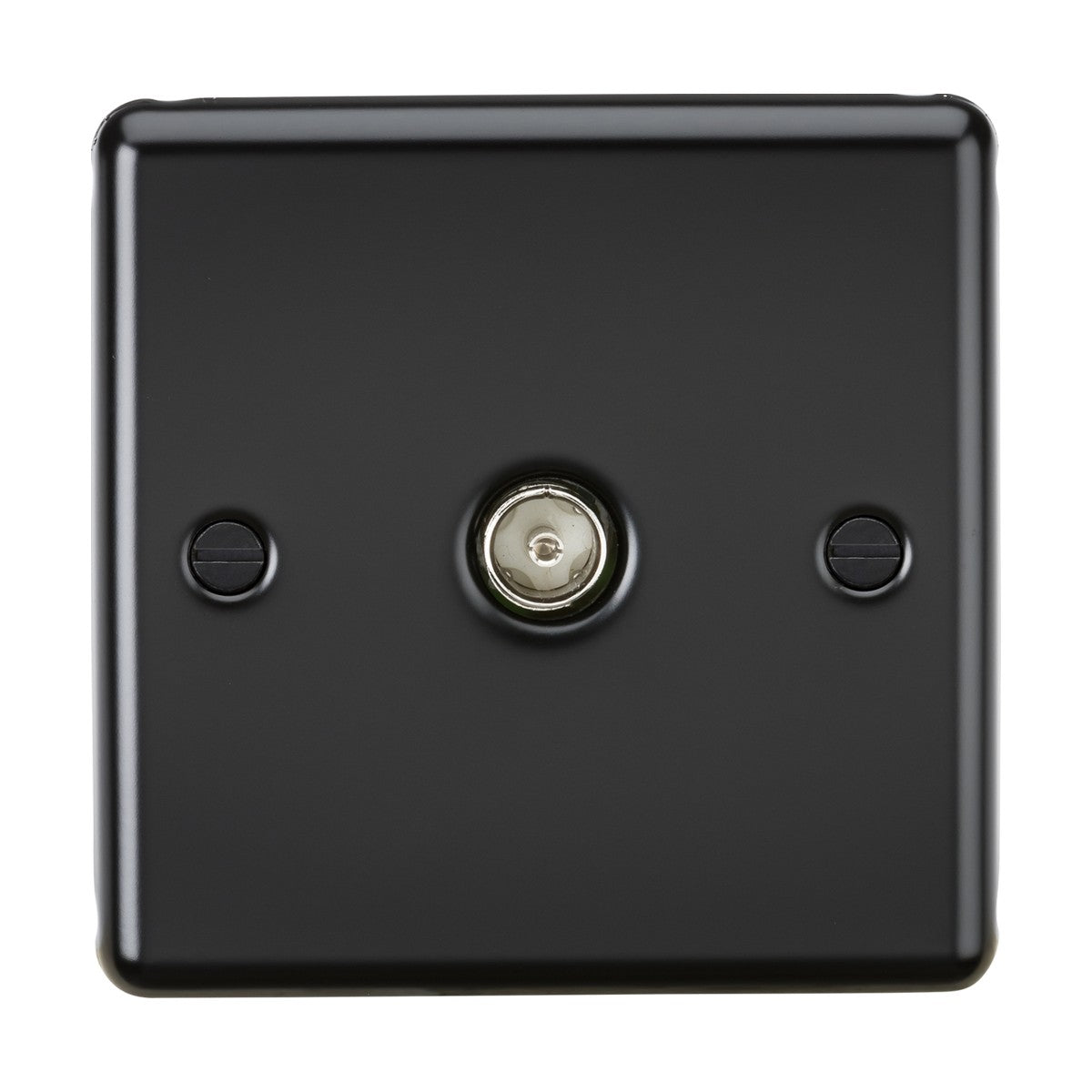 The TV Outlet (Non-Isolated) in Matt Black boasts a sleek central connection crafted from premium grade steel. It features a smooth matte finish with two visible screw holes for mounting. The rounded edges add an elegant touch to its design.