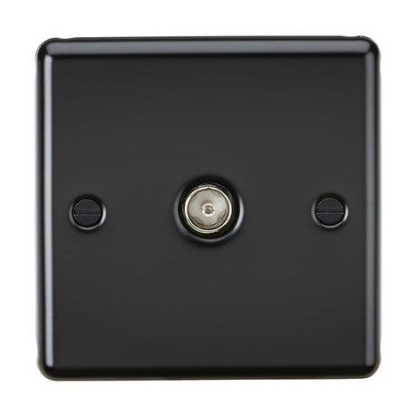 The TV Outlet (Non-Isolated) in Matt Black boasts a sleek central connection crafted from premium grade steel. It features a smooth matte finish with two visible screw holes for mounting. The rounded edges add an elegant touch to its design.