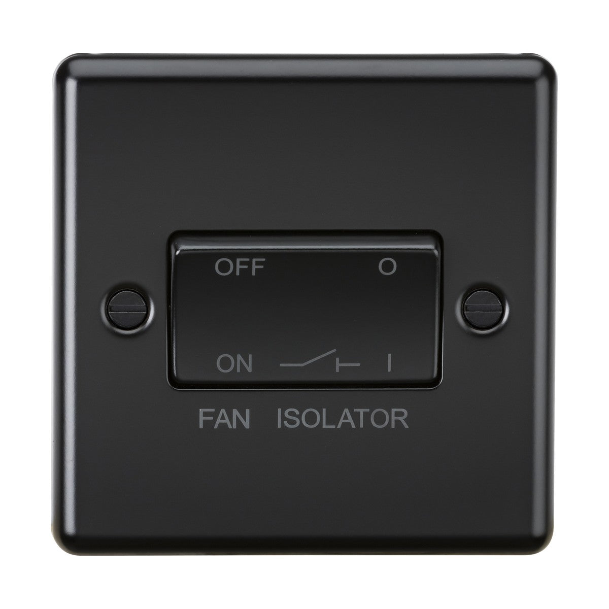 A sleek, matt black fan isolation switch with a rounded edge design, labeled with OFF and ON at the top and bottom, is currently set to ON. The "10AX Fan Isolator Switch - Matt Black (Rounded Edge)" prominently displays "FAN ISOLATOR" below, highlighting its triple pole capability.