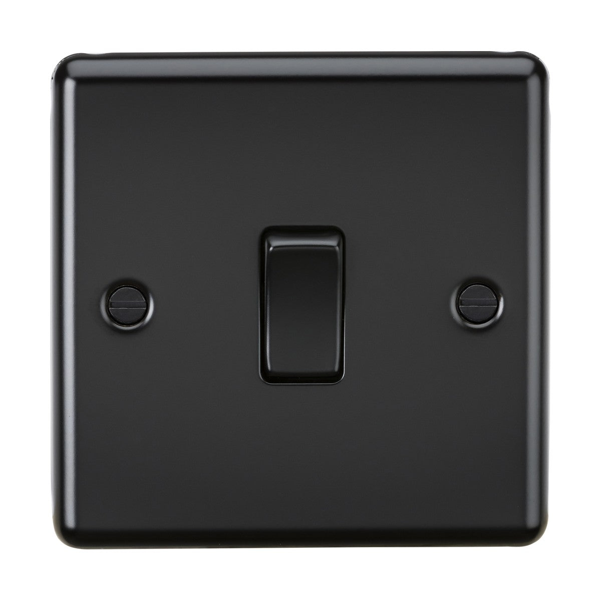 The 10AX 1 Gang Intermediate Switch in matt black showcases a central toggle on a smooth plate with a rounded edge design and is secured by two screws on either side.