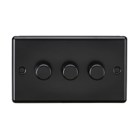 A minimalist and modern wall panel in matt black, the 3 Gang 2 Way 10-200W (5-150W LED) Intelligent Dimmer features three rotary dimming switches that are evenly spaced and centered. The rectangular panel has a smooth finish with two small screws on either side for easy mounting, providing a sleek aesthetic for any space.