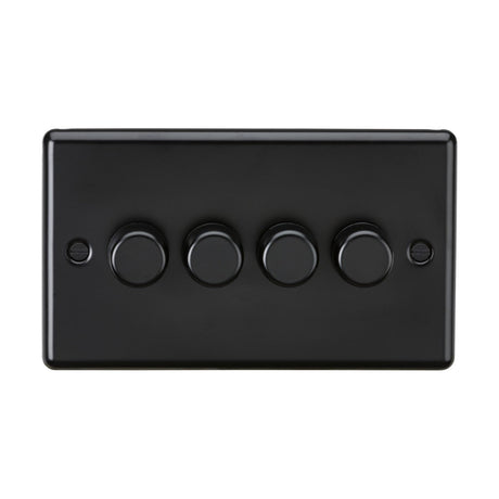 The 4 Gang 2 Way Intelligent Dimmer, featuring a matt black finish with four round knobs, showcases a modern metal design on a rectangular plate.