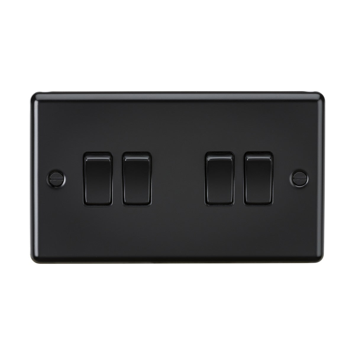 A sleek matt black rectangular light switch panel featuring four 2-way switches in the center. The design includes two mounting screw holes on each side and boasts a rounded edge finish.