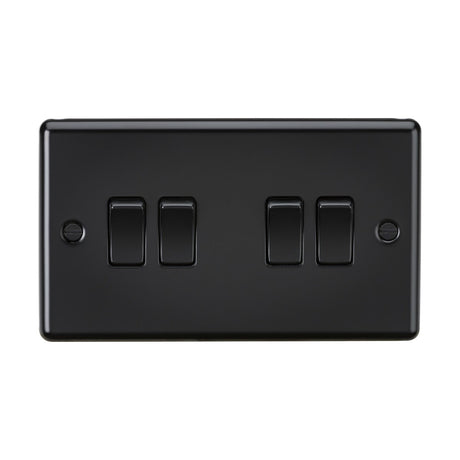 A sleek matt black rectangular light switch panel featuring four 2-way switches in the center. The design includes two mounting screw holes on each side and boasts a rounded edge finish.