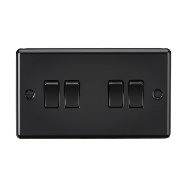 A sleek matt black rectangular light switch panel featuring four 2-way switches in the center. The design includes two mounting screw holes on each side and boasts a rounded edge finish.