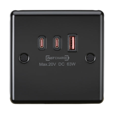 Matt black Triple USB Charger Plate featuring dual USB-C ports and a single legacy USB-A port, ideal for hot desking environments. The panel is labeled "Fast Charge," with specifications "Max. 20V DC 63W" printed below the ports.