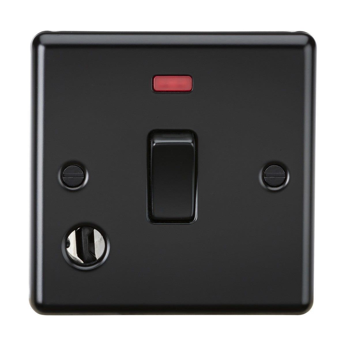 The 20A 1 Gang DP Switch Neon & Flex Outlet, in matt black with a rounded edge, features a red indicator, two visible screws, and a circular metallic keyhole for added functionality.