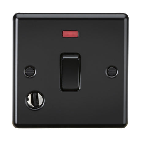 The 20A 1 Gang DP Switch Neon & Flex Outlet, in matt black with a rounded edge, features a red indicator, two visible screws, and a circular metallic keyhole for added functionality.